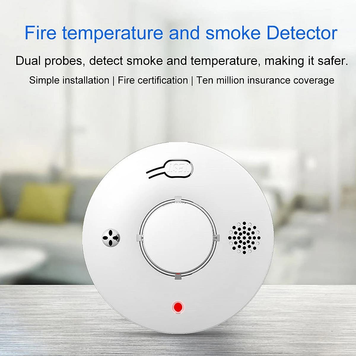 Wireless Smoke Alarm Smoke Detector with Temperature Sensor Fire Alarm Sound Light Warning for Home Office Security