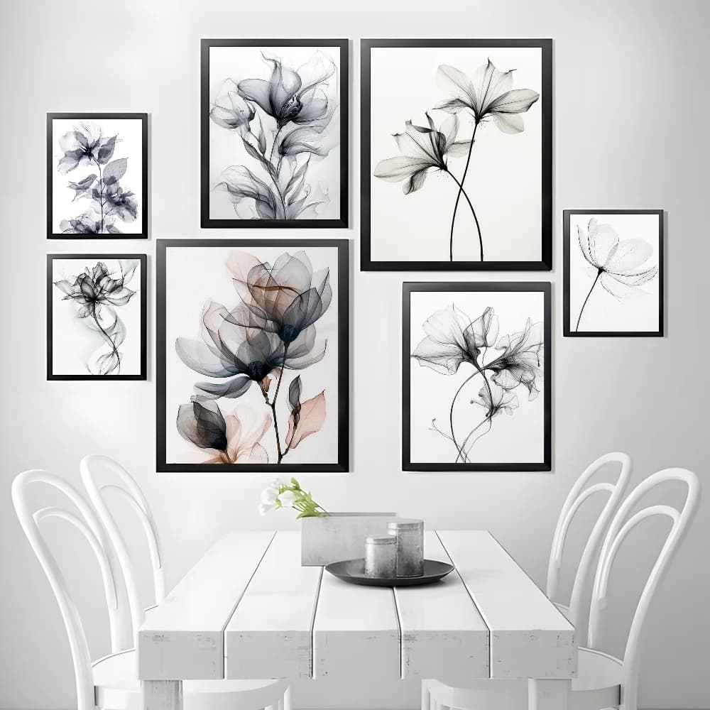 Canvas Painting Black and White Ink Flowers Art for Home Office Bedroom Living Room Hallway Bar Perfect Idea Wall Decor