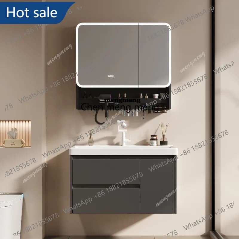 smt03 Mobile bagno in alluminio a nido d'ape ispessito, armadietto a specchio multifunzionale con lavabo integrato in ceramica