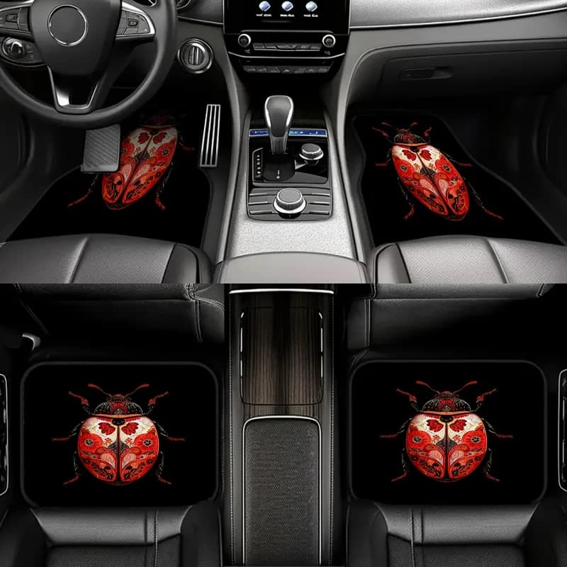 Tappetini per auto 4PCCar con motivo a forma di scarabeo, tappetini per auto stampati a tema artistico, facili da pulire, materiale in poliestere resistente antiscivolo, adatti per