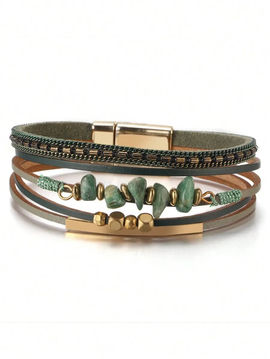 1pc European & American Style PU Leather Rope Natural Stone Beaded Copper Tube Design Women's Bracelet Summer Beach