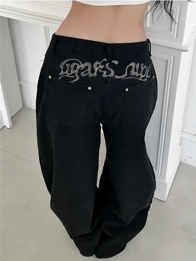 Retro Loose Wide Leg Denim Jeans Women's Embroidered Back Lettering Conceal Flattering Straight Street Casual Long Trousers