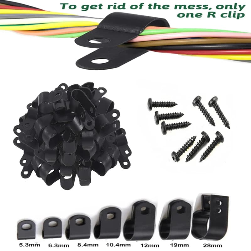 Morsetto per cavo a forma di R in nylon nero da 50 pezzi con vite autofilettante Fissatore per tubo flessibile elettrico Fascette per cavi in plastica Supporto per organizer