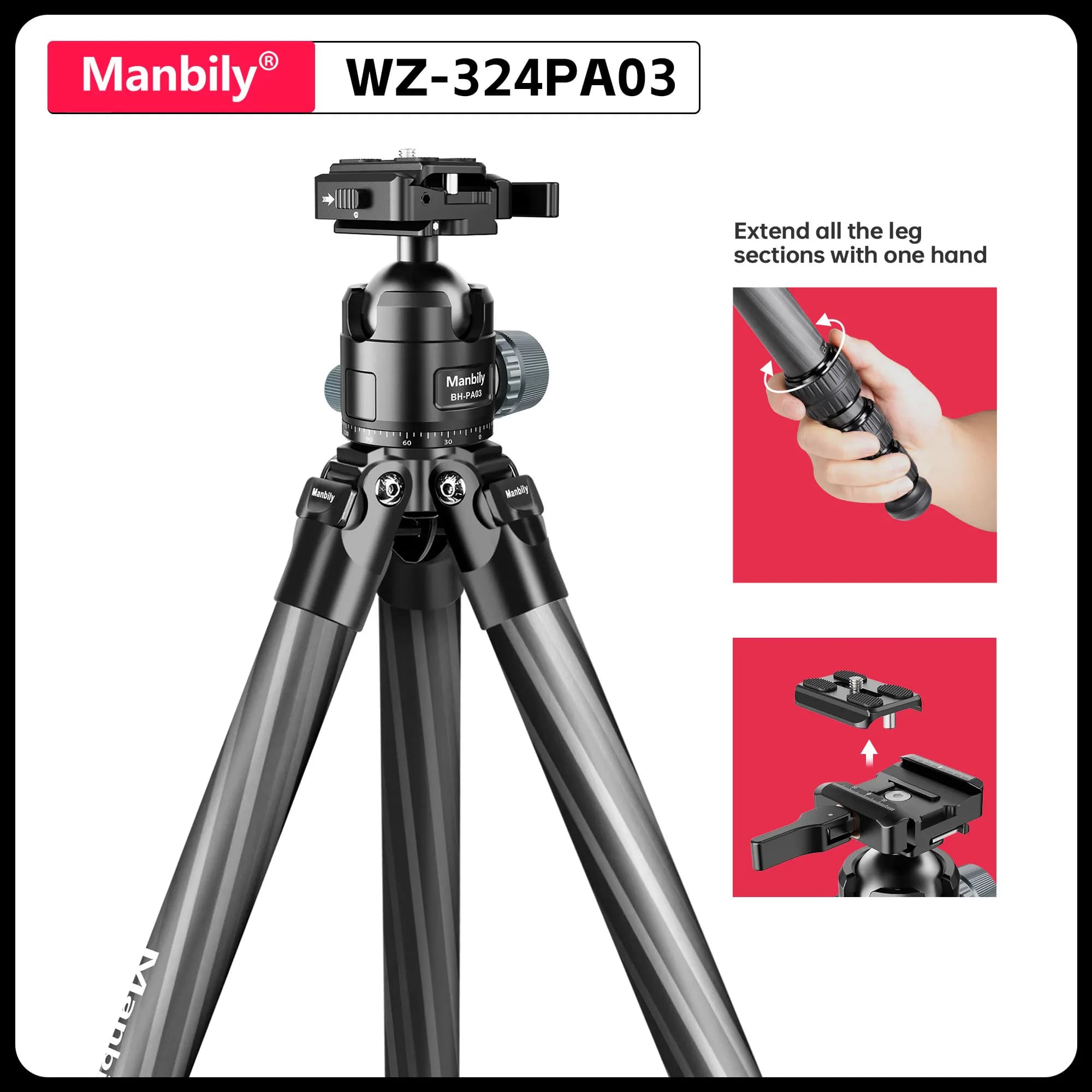 Manbily 158CM Heavy Duty Carbon Fiber Hunting Tripods with 44mm Ball Head for Outdoors Max.Load 44lbs WZ-324+BH-PA03