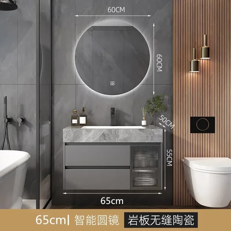 Mobile da bagno Lavabo in ceramica di roccia Vanity da bagno galleggiante Vanity a specchio a LED a parete con WC da appoggio in pietra sinterizzata