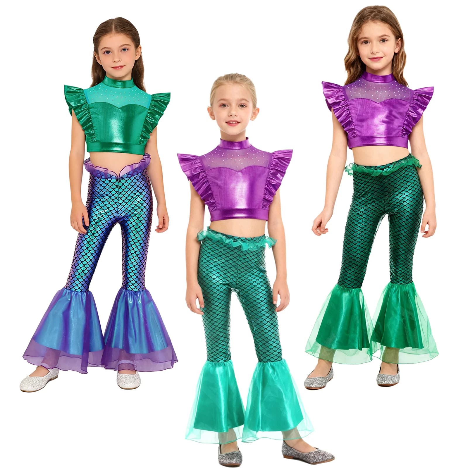 Costumi cosplay da sirena per ragazze, 2 pezzi, top corto con strass metallici e pantaloni a zampa con stampa di squame di pesce, vita elastica e volant.