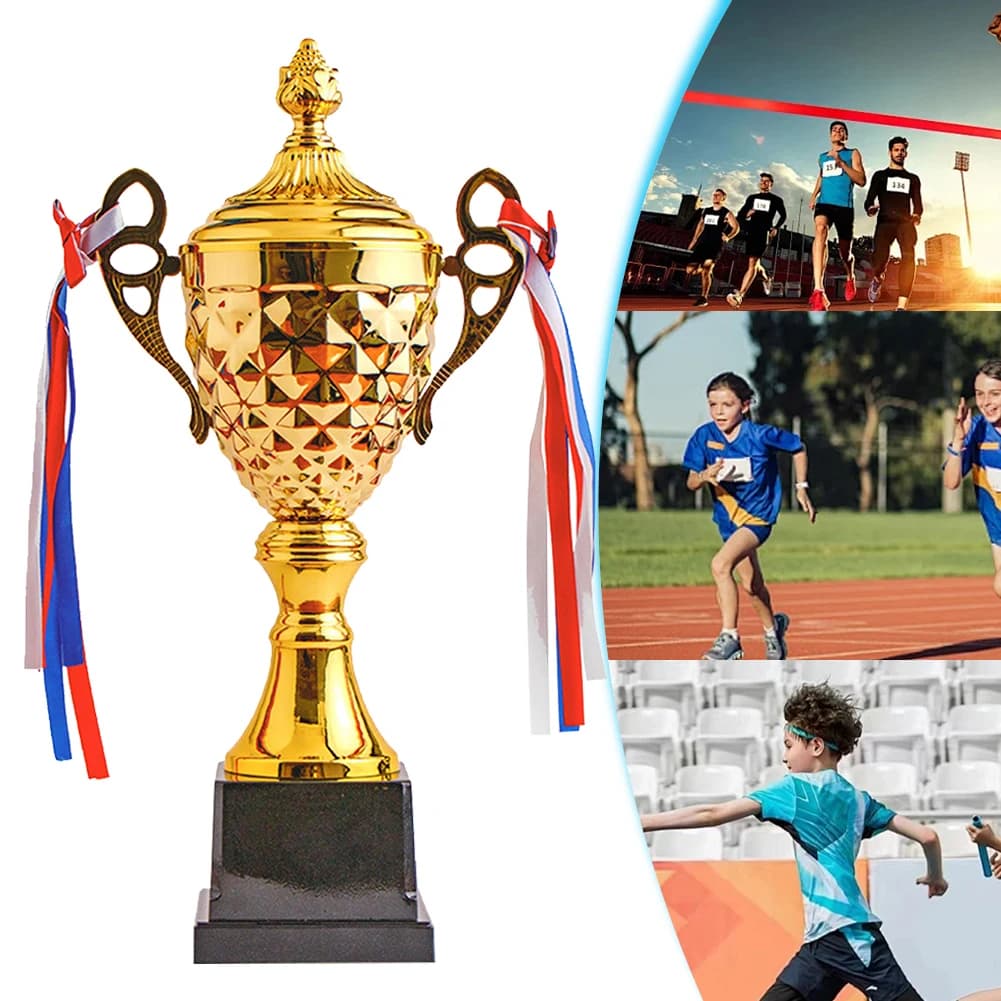 Golden trophy, height 33 cm, football trophy, trophy for competitions, metal sports trophy, award for ceremonies and parties