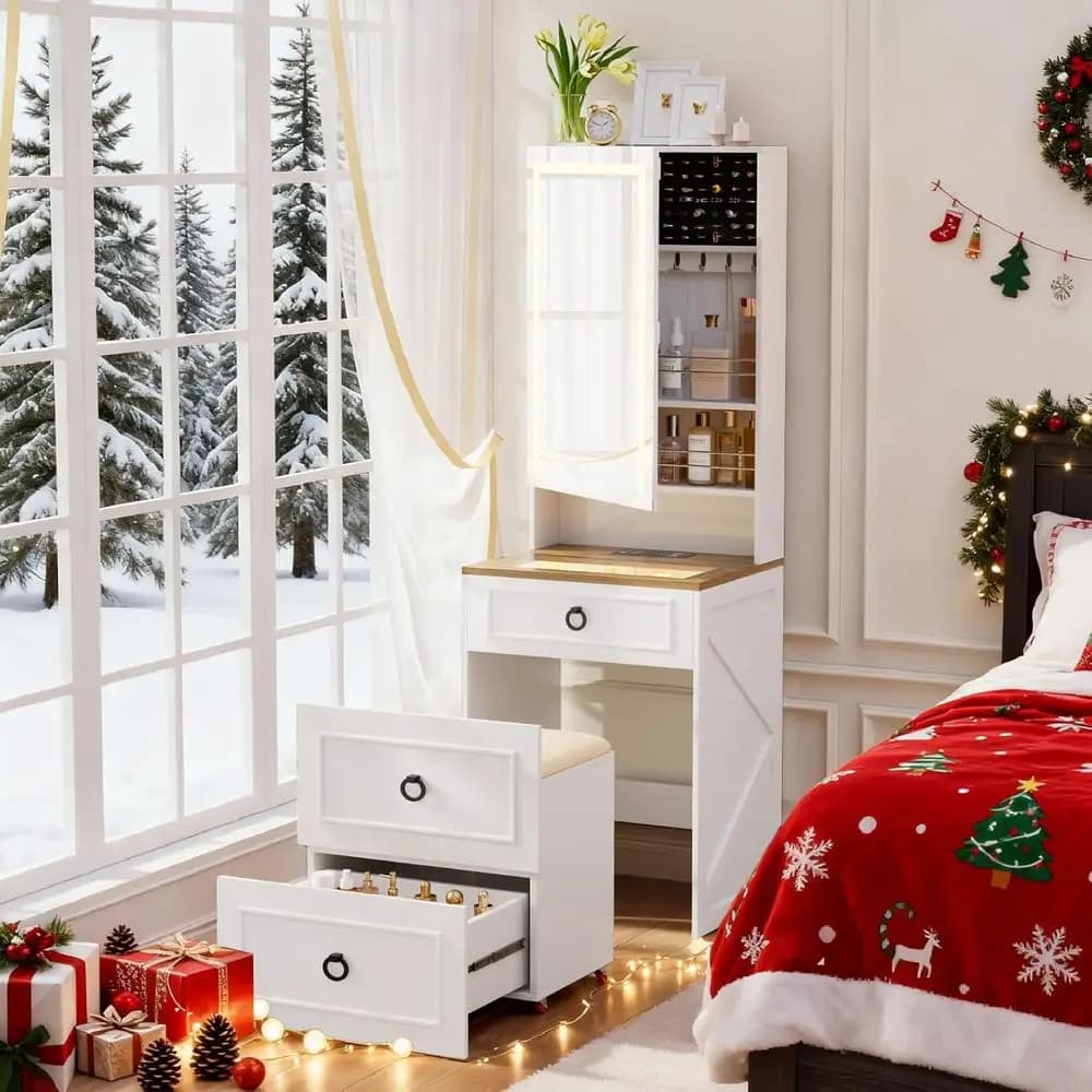 3-in-1 Small Vanity Desk with Lights, Mirror, Charging Station, Makeup Storage, Glass Top, and Wheeled Stool in White