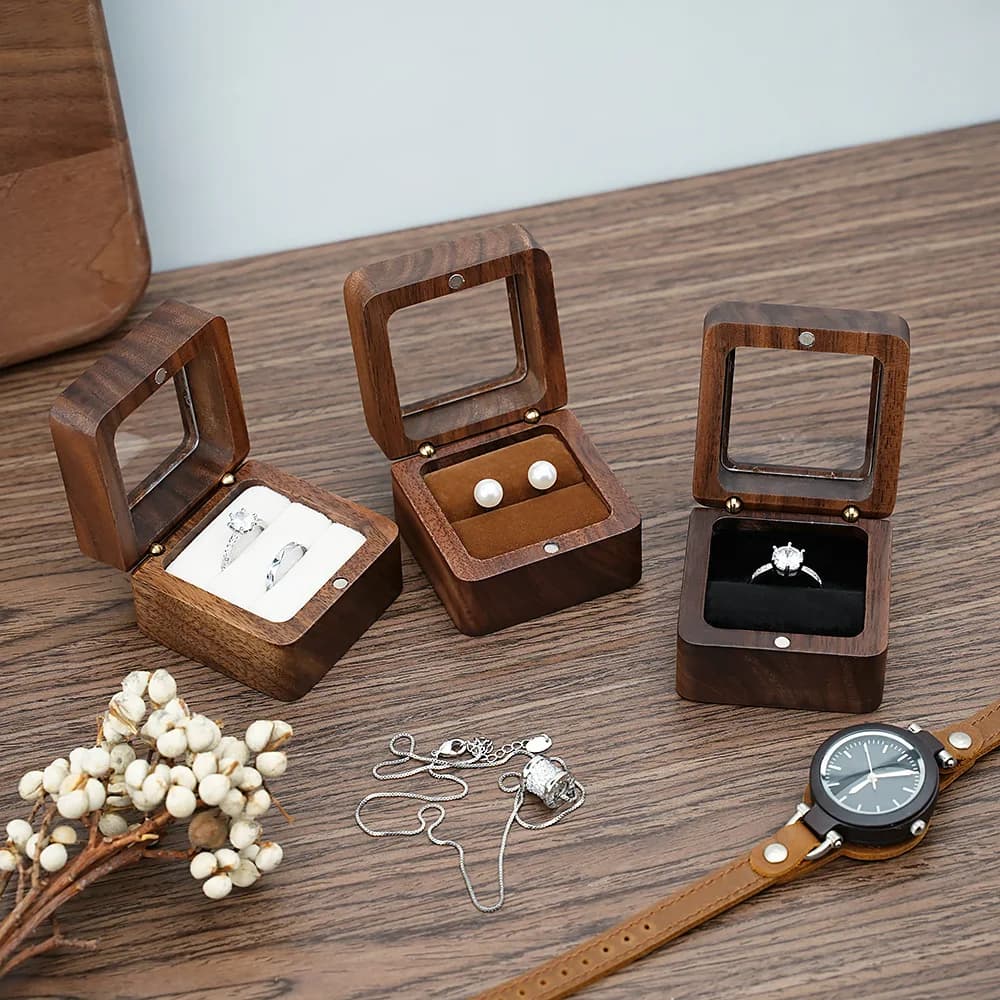 Scatola per anelli solida in noce nera Scatola per anelli singoli e doppi Scatola per orecchini Scatola per gemelli Scatola per anelli in legno vintage Confezione regalo squisita