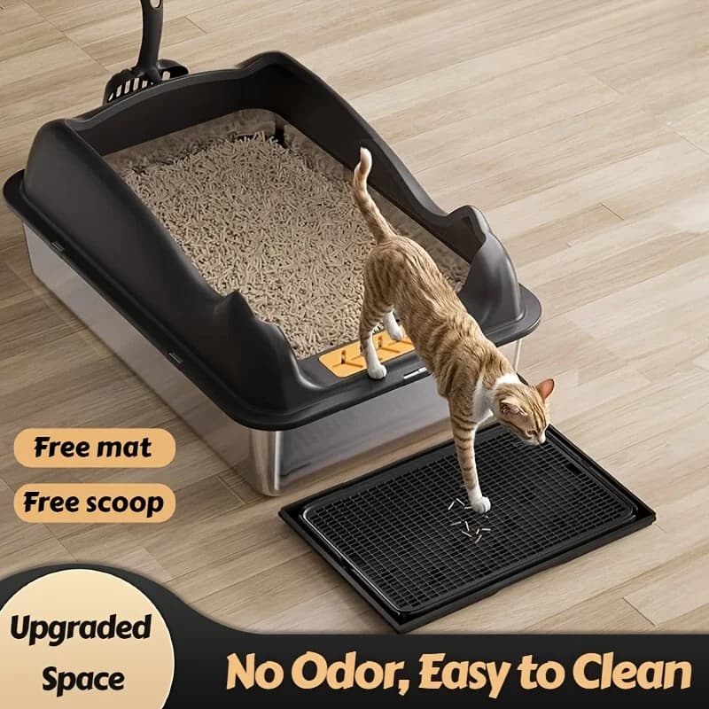 Lettiera per gatti grande in acciaio inossidabile, con base antiscivolo, design semi-chiuso con bordi alti, a prova di perdite, antiaderente, con controllo degli odori, facile da pulire, con tappetino e paletta antiscivolo, toilette per gatti per gattini e gatti adulti