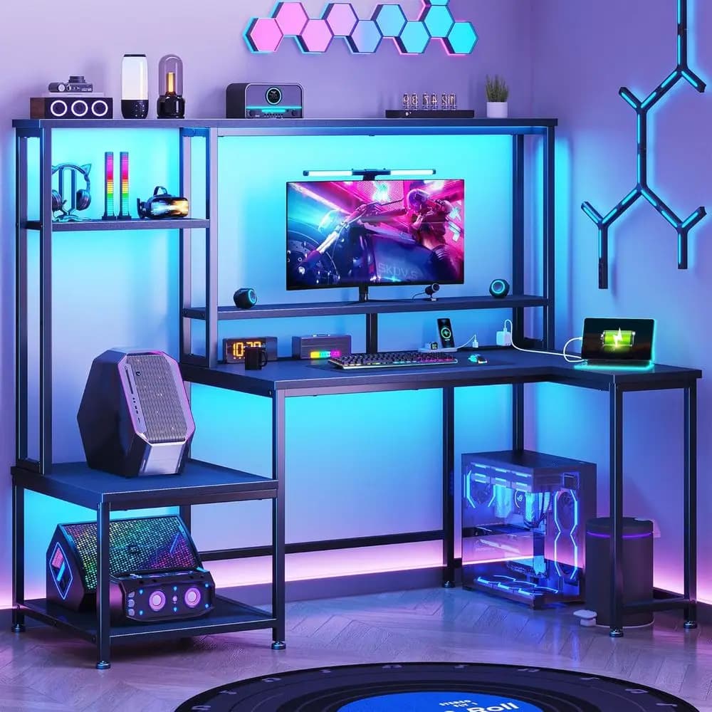 55 L-Shaped LED Gaming Desk with Storage and Monitor Stand, Black