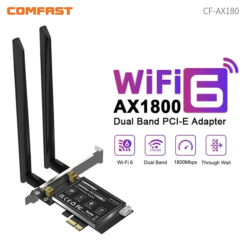 COMFAST AX180 1800Mbps WiFi 6 Adattatore wireless PCI-E 2.4G e 5.8GHz Scheda di rete Bluetooth 5.2 2 * 5dBi Antenne per desktop Win10/11
