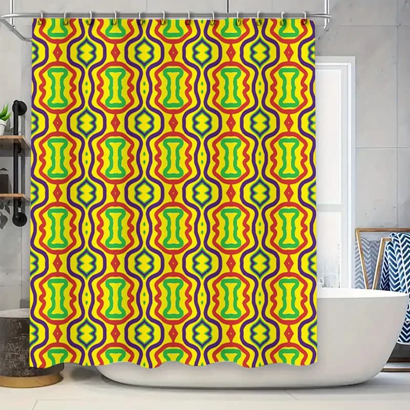 Tenda da doccia dai colori vivaci con motivo geometrico: perfetta per l'aggiunta di un pop di colore per l'arredamento del bagno!