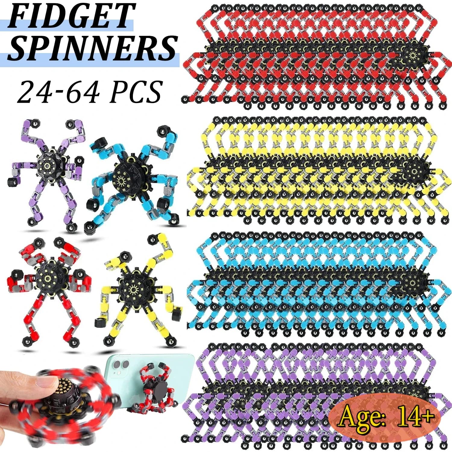 24-64 PCS Trasformabili Fidget Spinners Punta delle dita Giros Sollievo dallo stress Giocattoli sensoriali per ADHD Autismo Regali per bambini Premi in classe