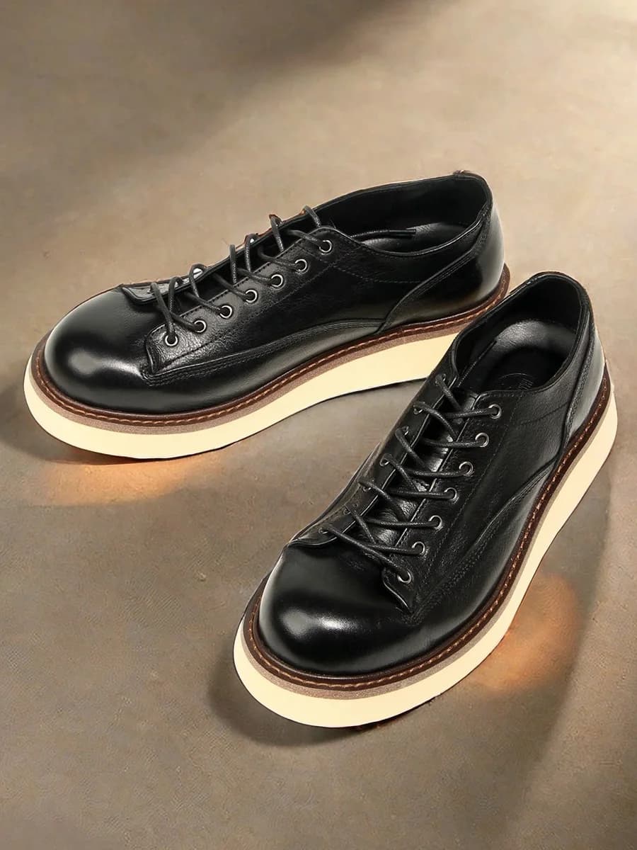 Handmade Thick Bottom Short Face Leather Shoes Men's Genuine Leather Worn Color British Style Work Boots round Toe Casual Shoes