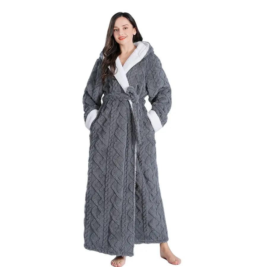 Accappatoi da donna LKG, lunghi, in peluche, con cappuccio, di lusso, caldi, soffici, per Natale, vestaglia da casa, accappatoio da bagno per donna, lunghezza intera.