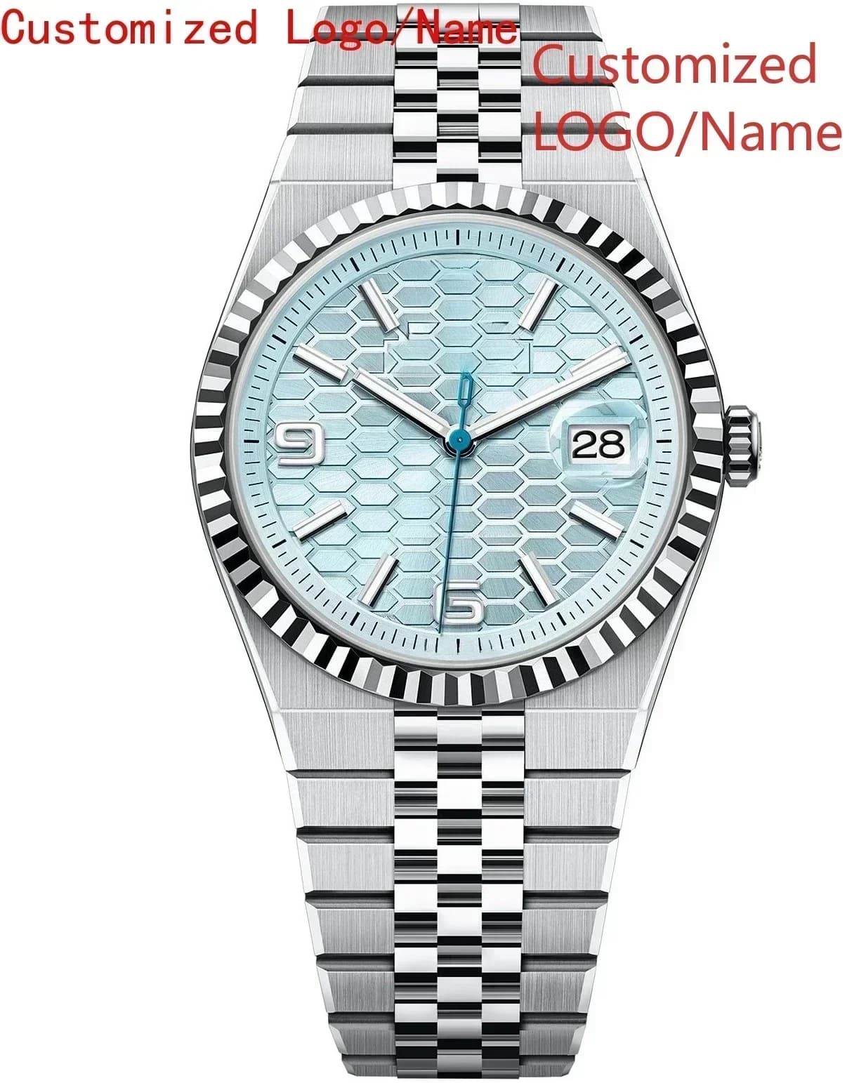 Orologio Personalizzato DONGge Store, Automatico Meccanico per Uomo e Donna, Bracciale in Acciaio Inox, Casual con Calendario, Bianco e Blu