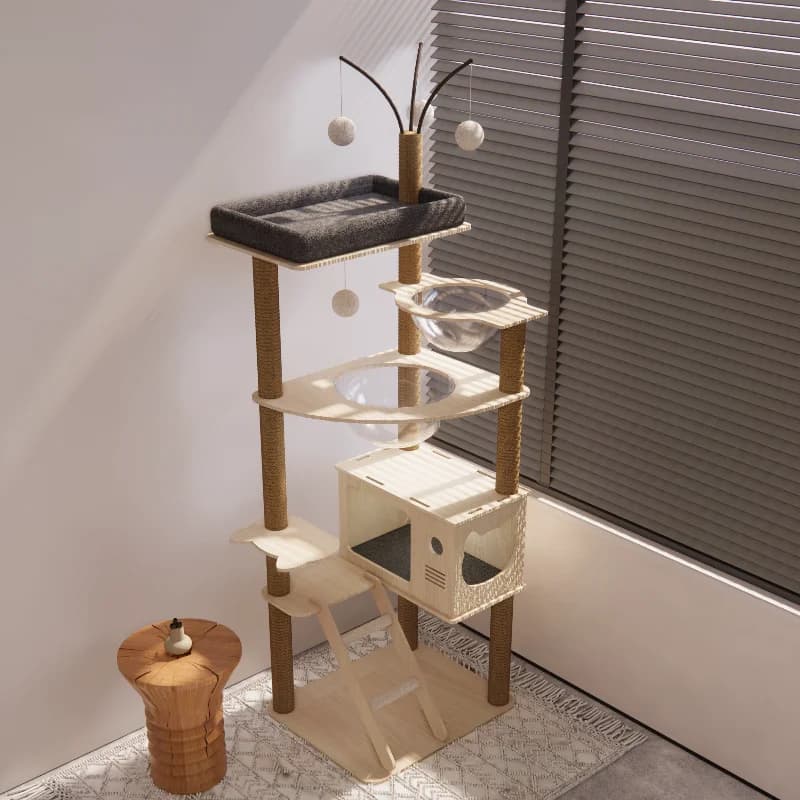 Accessori per Gatti da Interno: Torre Arrampicata Moderna in Legno con Scale e Tiragraffi - Articoli per Gatti
