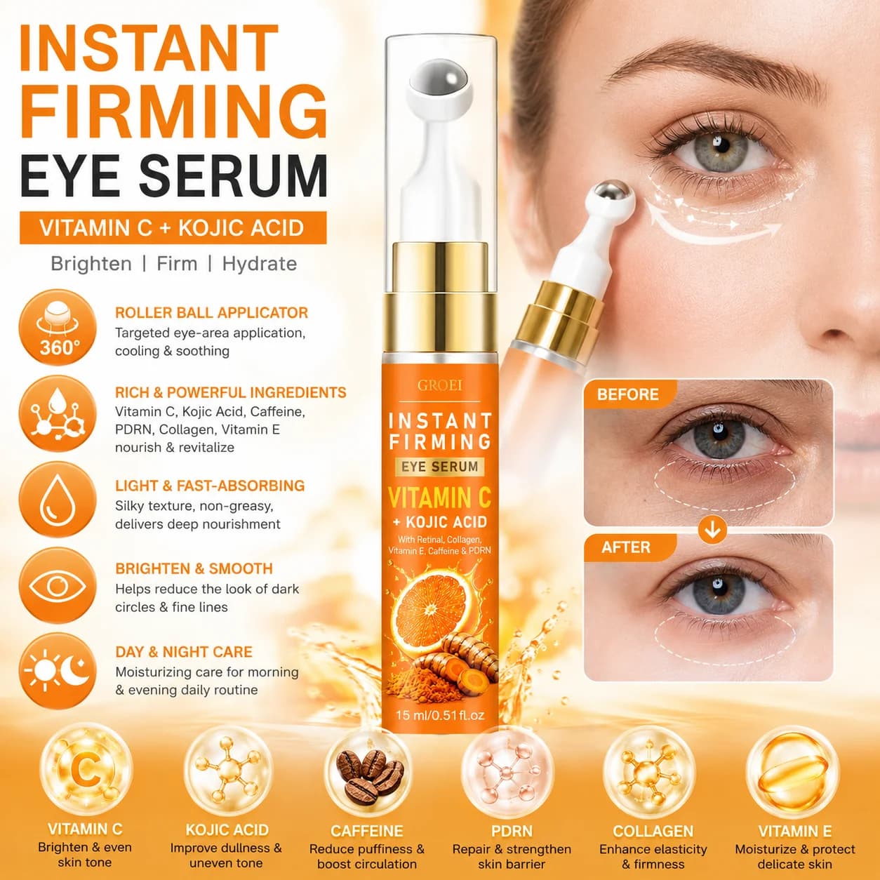 GROEI Vitamin C Kojic Acid Roll On Eye Serum 15ml with Caffeine PDRN Collagen, Brightening Nourishing Under Eye Care