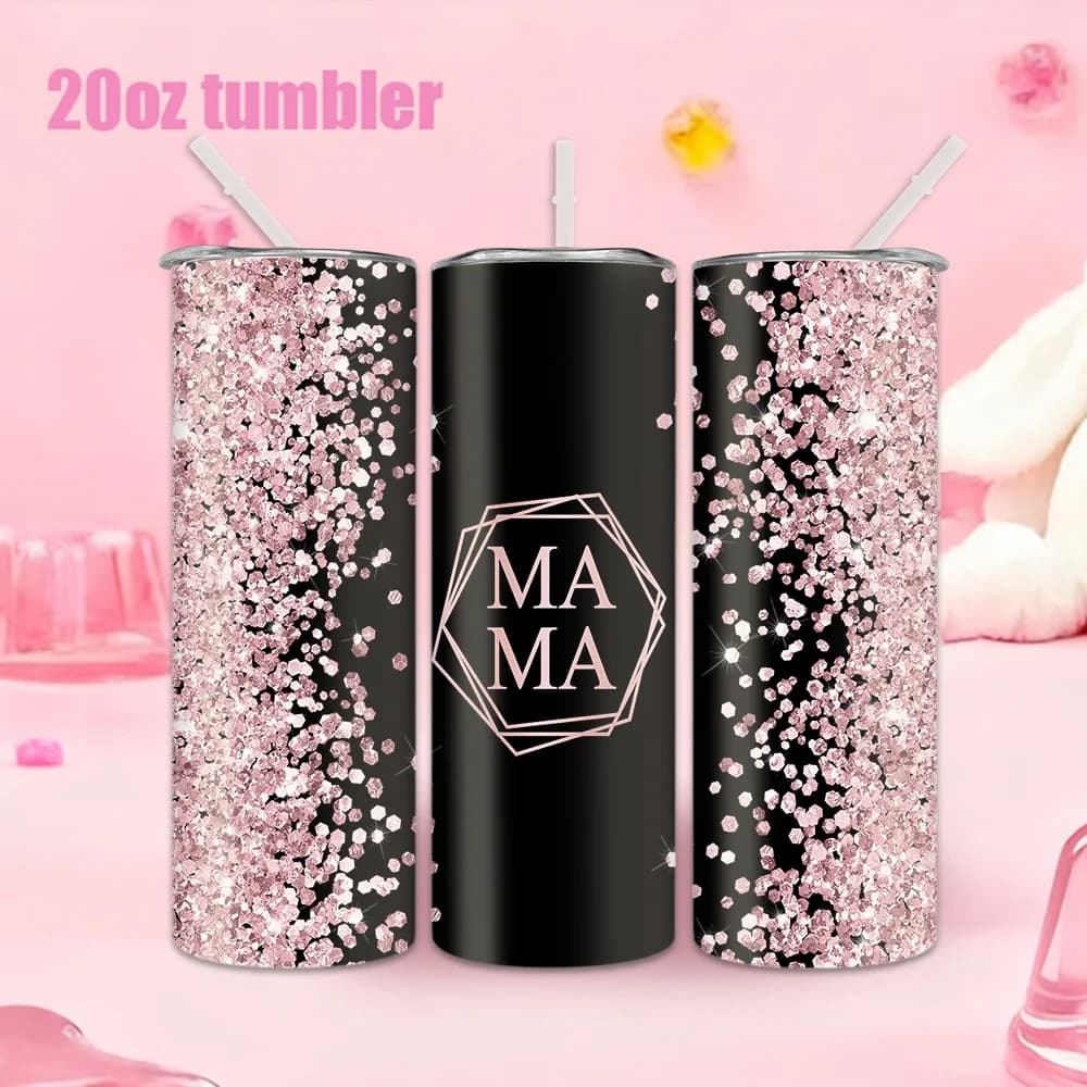 1 bottiglia d'acqua con cannuccia da 20 once, tazza d'acqua isolata in acciaio inossidabile con diamanti rosa che circondano il logo MAMA.