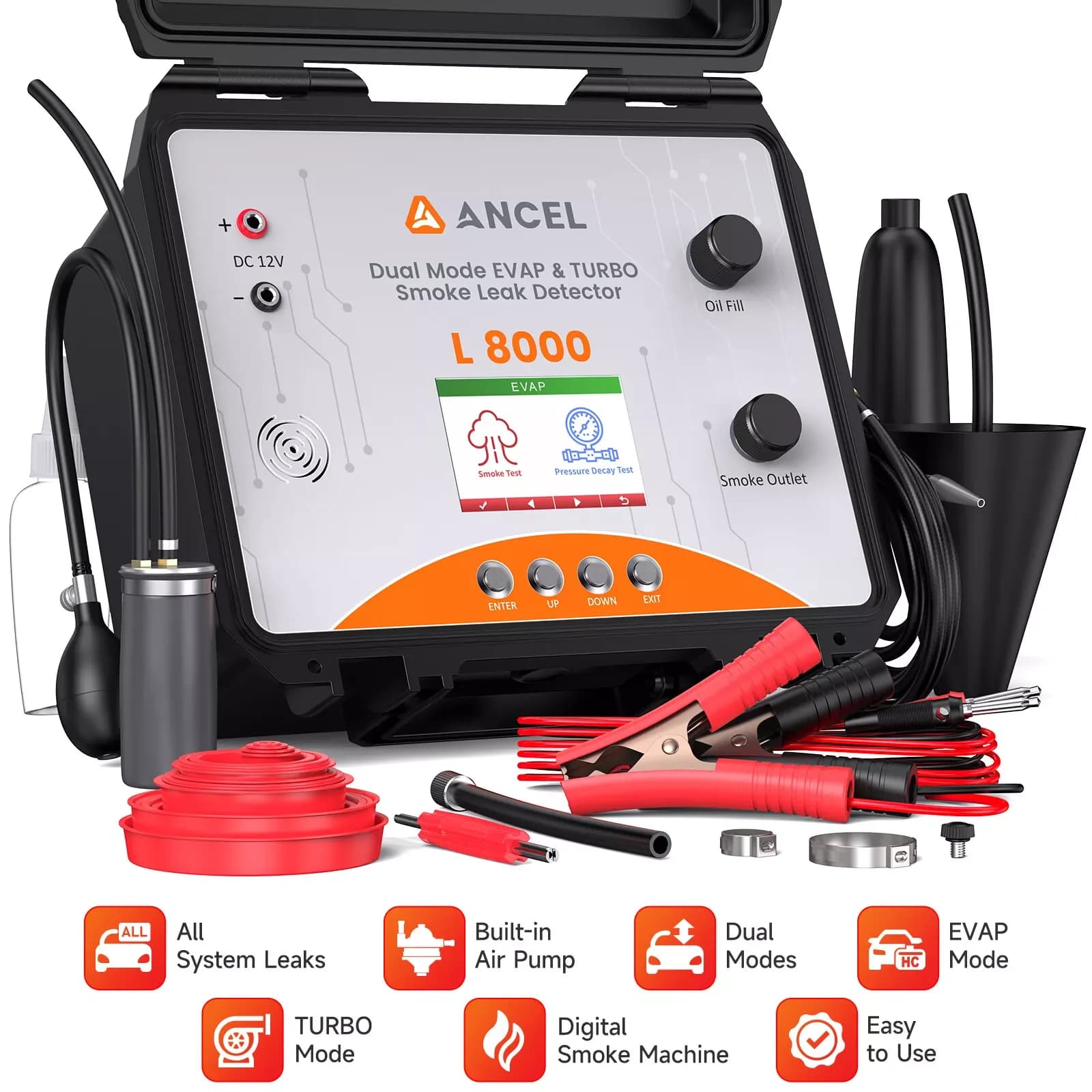 ANCEL L8000 Car Digital Smoke Leak Detector Dual Mode Built-in Air Pump Adjustable EVAP Turbo System Test Pipe Leakage Analyzer
