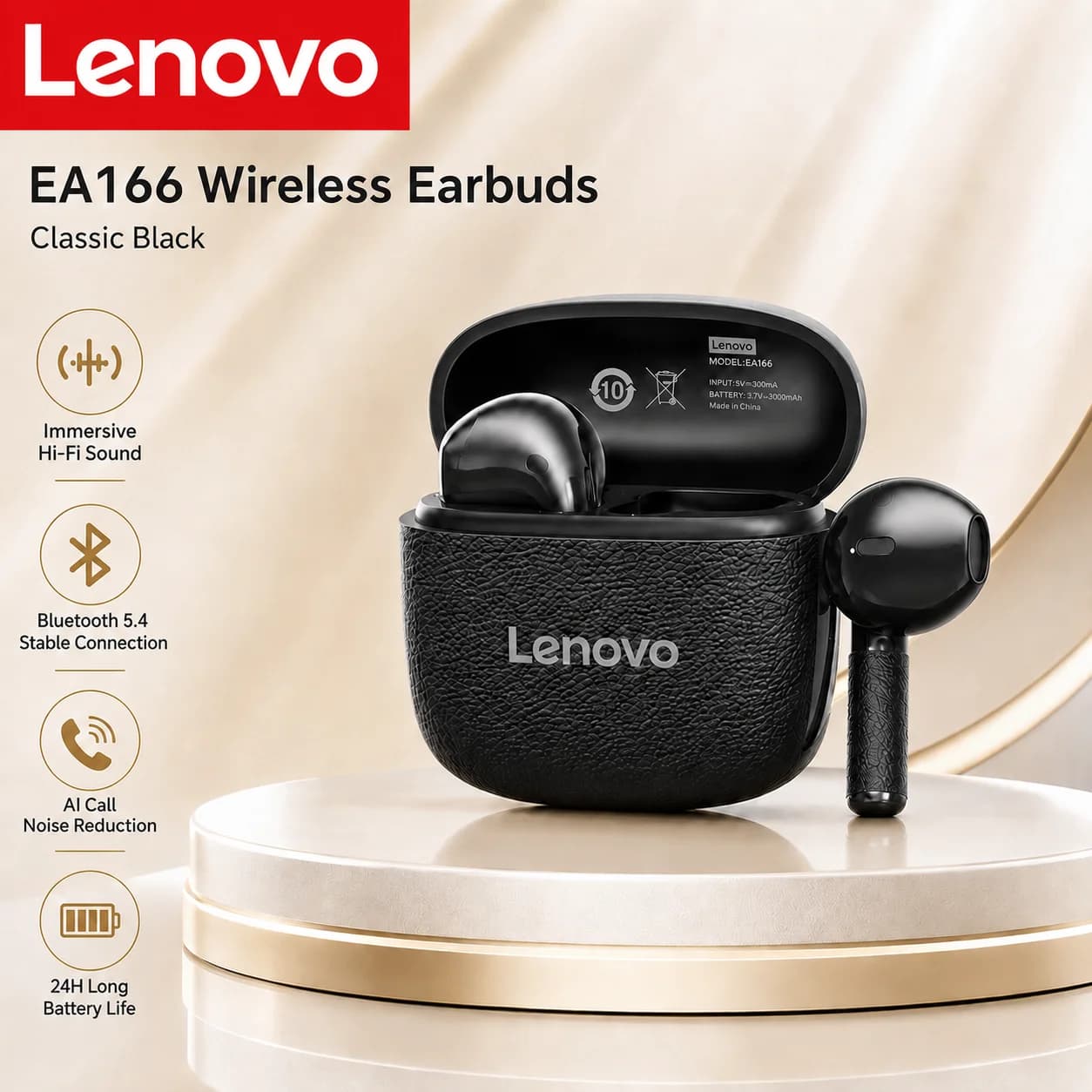 Lenovo EA166 TWS Wireless Bluetooth 5.4 Leather Earphones Stereo ENC Noise Cancelling Headphone 38ms Low Latency Gaming Headse