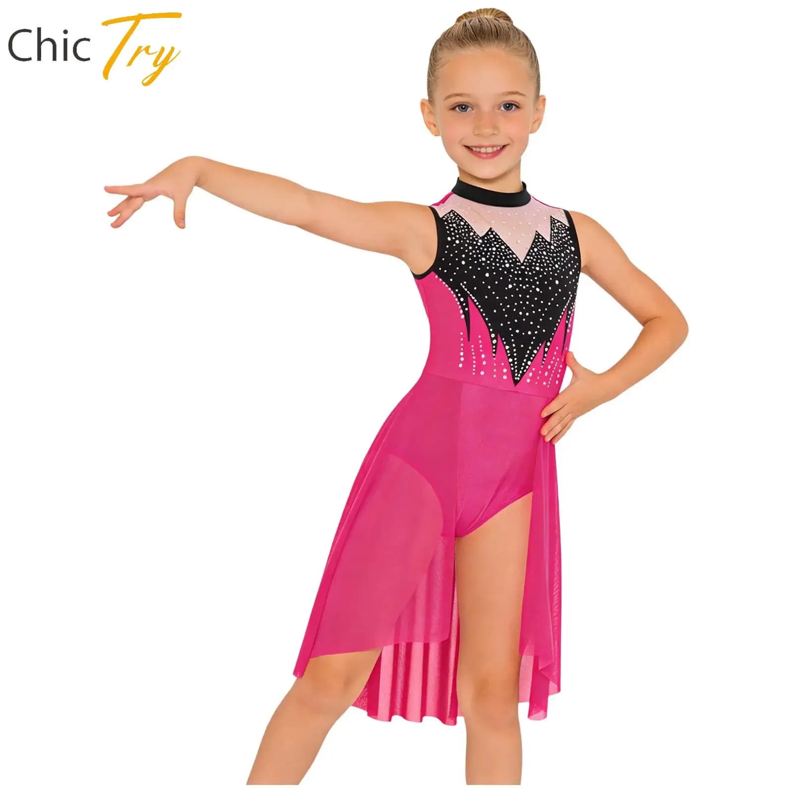 Costume da Danza Moderna Senza Maniche per Bambine, con Strass e Rete in Vita, per Ginnastica e Pattinaggio Artistico