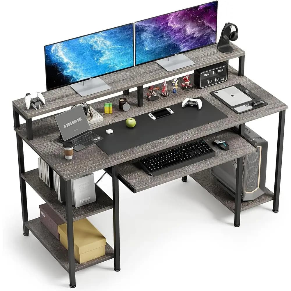 Scrivania per Computer - Scrivania da Ufficio Domestico da 48 Pollici con Vassoio per Tastiera, Scrivania da Gaming da 47 Pollici con Supporto per Monitor Completo, Ripiani Portaoggetti e Supporto per PC, Blu