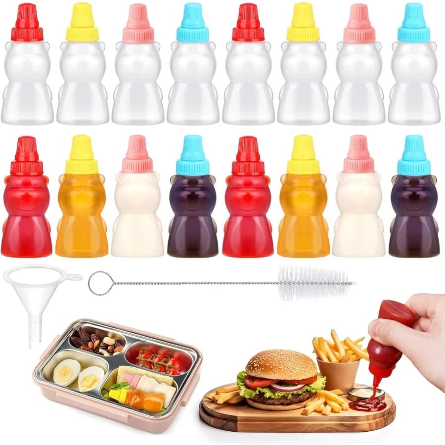Set di 18 mini bottiglie da spremere per condimenti, 16 pezzi da 25 ml, mini bottiglia di ketchup per orsetto per scatola da pranzo con accessori per imbuto per spazzola pulita