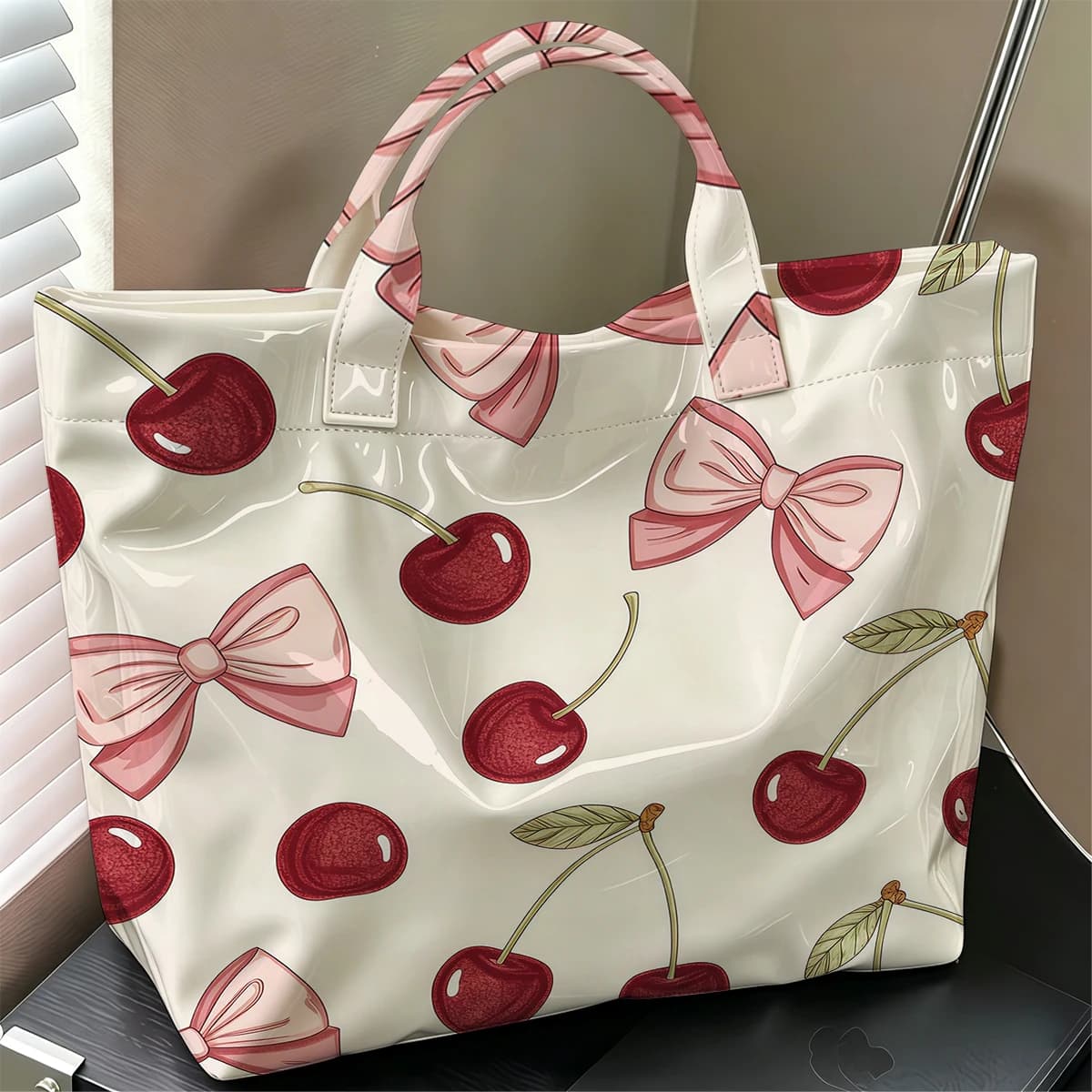 Cream Bow Cherry Fashion Large Glossy PVC Tote Bag Hand Washable Waterproof Perfect Travel Commute Cosmetic Storage Shopper