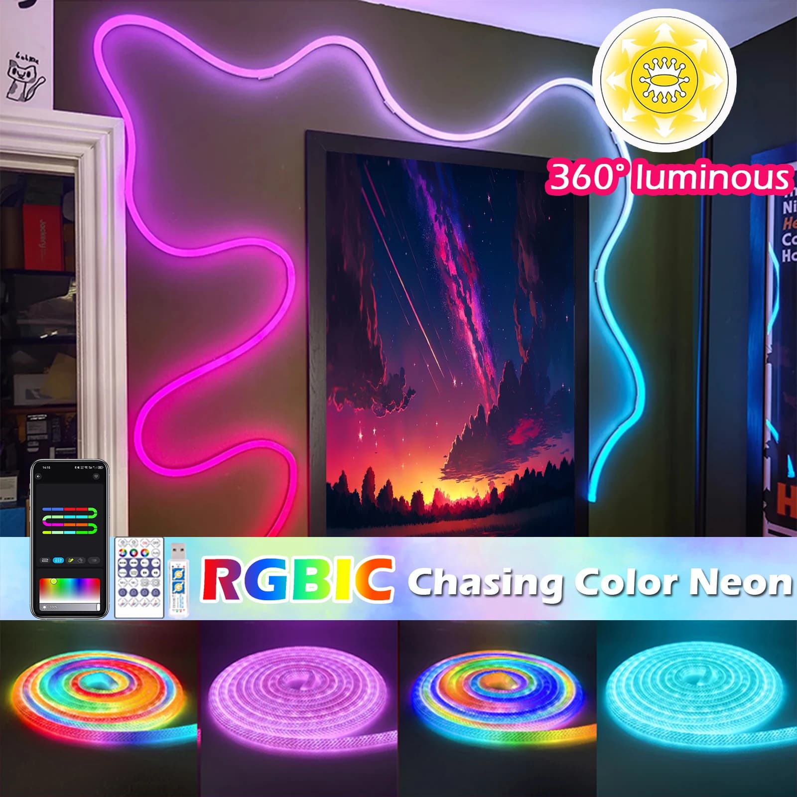 USB 360 DC5V ° Striscia LED RGB Rotonda con Effetto Reticolare e Colori Cangianti, Luce a Corda in Nylon per Decorazione Camera da Letto