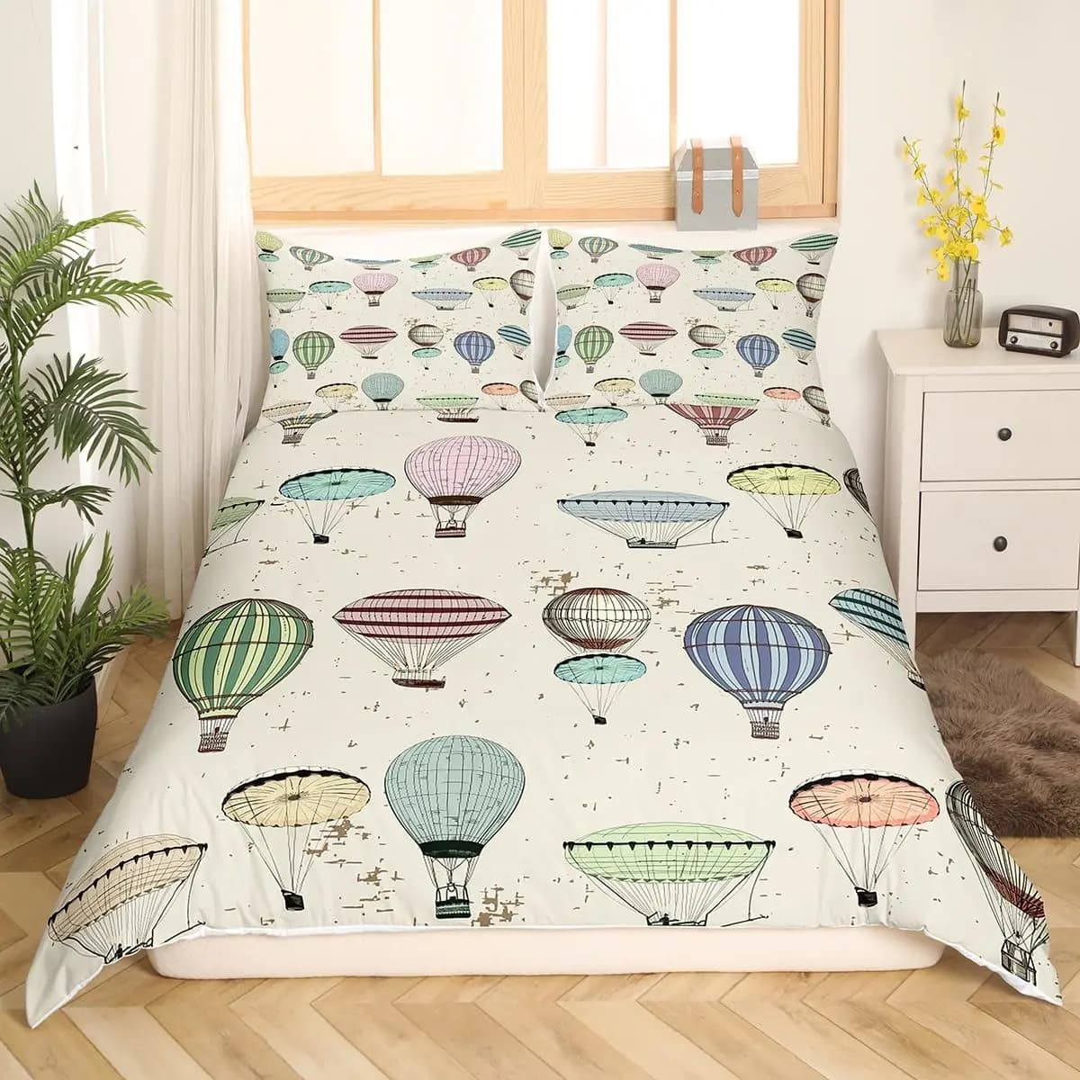Simple Cartoon Bedding Set 3D Printed Hot Air Balloon Cute Duvet Cover Set Soft Single Double Queen Size For Kids Birthday Gift