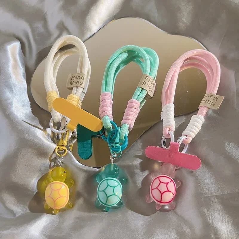 Cordino Universale Intrecciato per Cellulare con Ciondolo a Tartaruga Cartone Animato, Anello e Patch, Cinturino da Polso Staccabile per Telefono