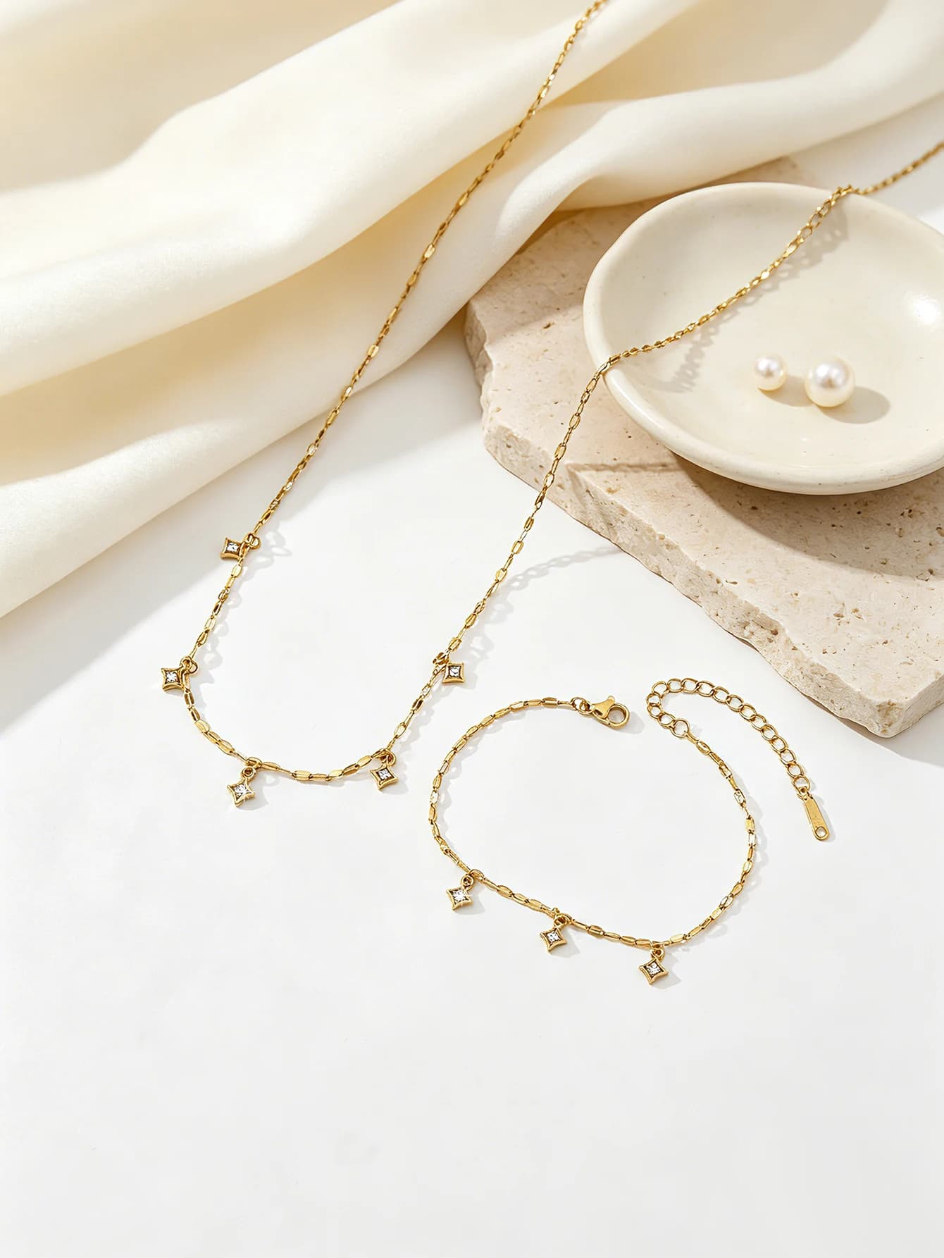 1PC Ins Niche Delicate Versatile Jewelry For Women, 18K Gold Plated Stainless Steel Four-Pointed Star Zircon Necklace & Bracelet