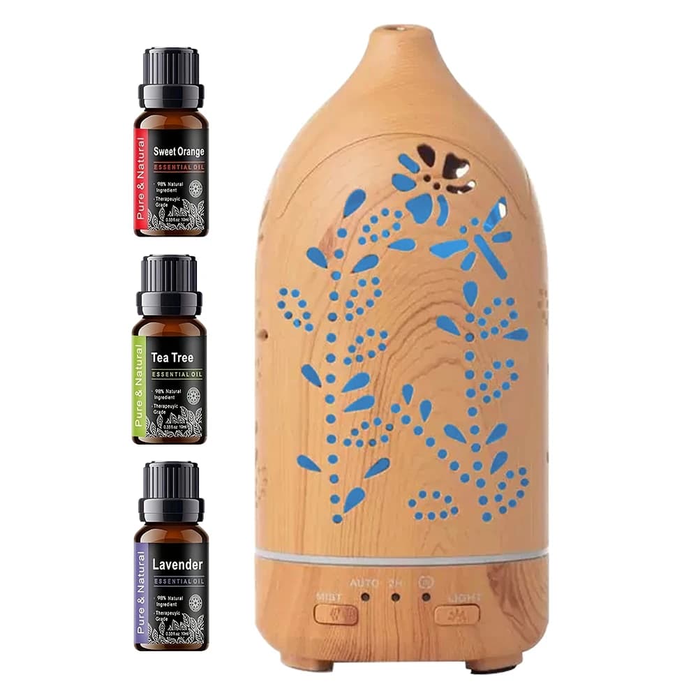 Set di diffusori per aromaterapia cavi color lavanda con venature del legno da 200 ml - Umidificatore ad ultrasuoni USB con 2 oli essenziali per l'home office