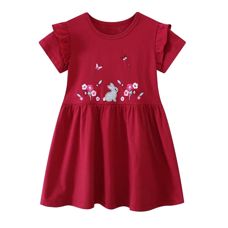 Little Maven 2026 Summer Cotton Toddler Clothes for Girls Cartoon Flowers Rabbits Short Sleeves Dresses Children's Clothing