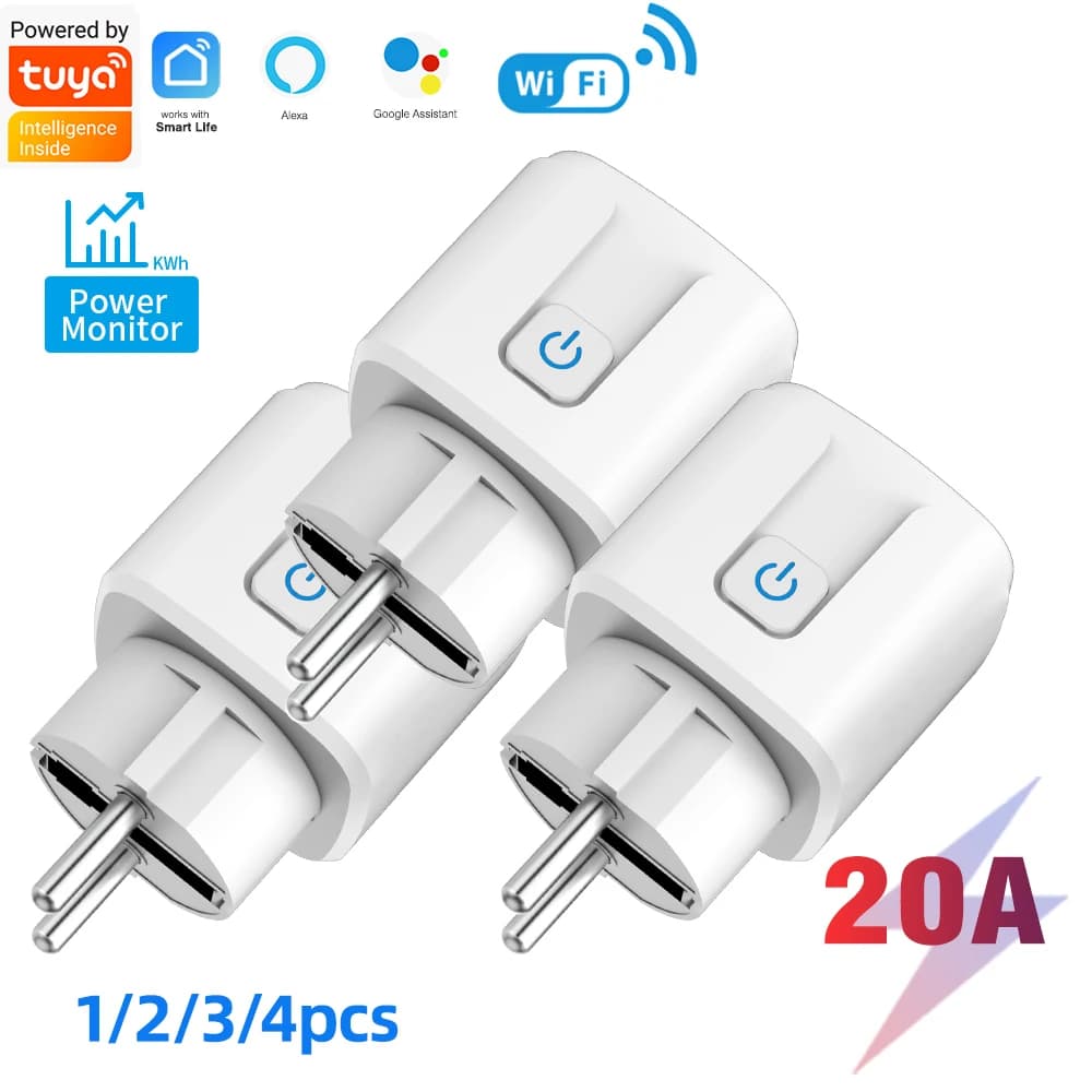 Tuya Smart EU Socket 20A Spina Wifi con monitoraggio dell'alimentazione APP Smart Life Controllo remoto con Google Assistant /Alexa 1/2/3/4 pezzi
