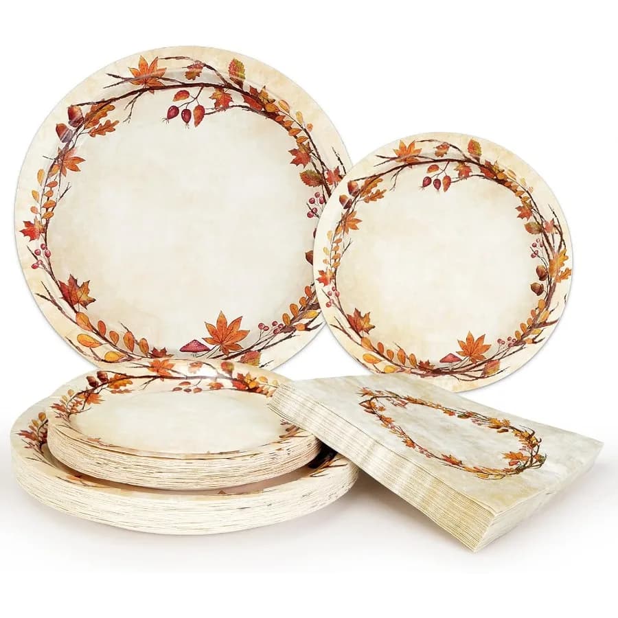 200 Pcs Fall Paper Plates and Napkins Watercolor Disposable Dinnerware Set for Autumn Leaves Thanksgiving Party Supplies Ideal