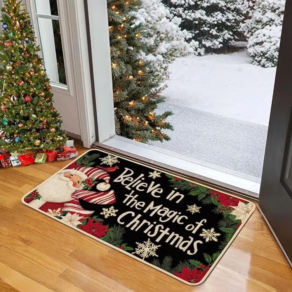 Tappeto natalizio Tappeto Pupazzo di neve Design di Babbo Natale Buon Natale HO Testo Tappetino antiscivolo per la decorazione domestica