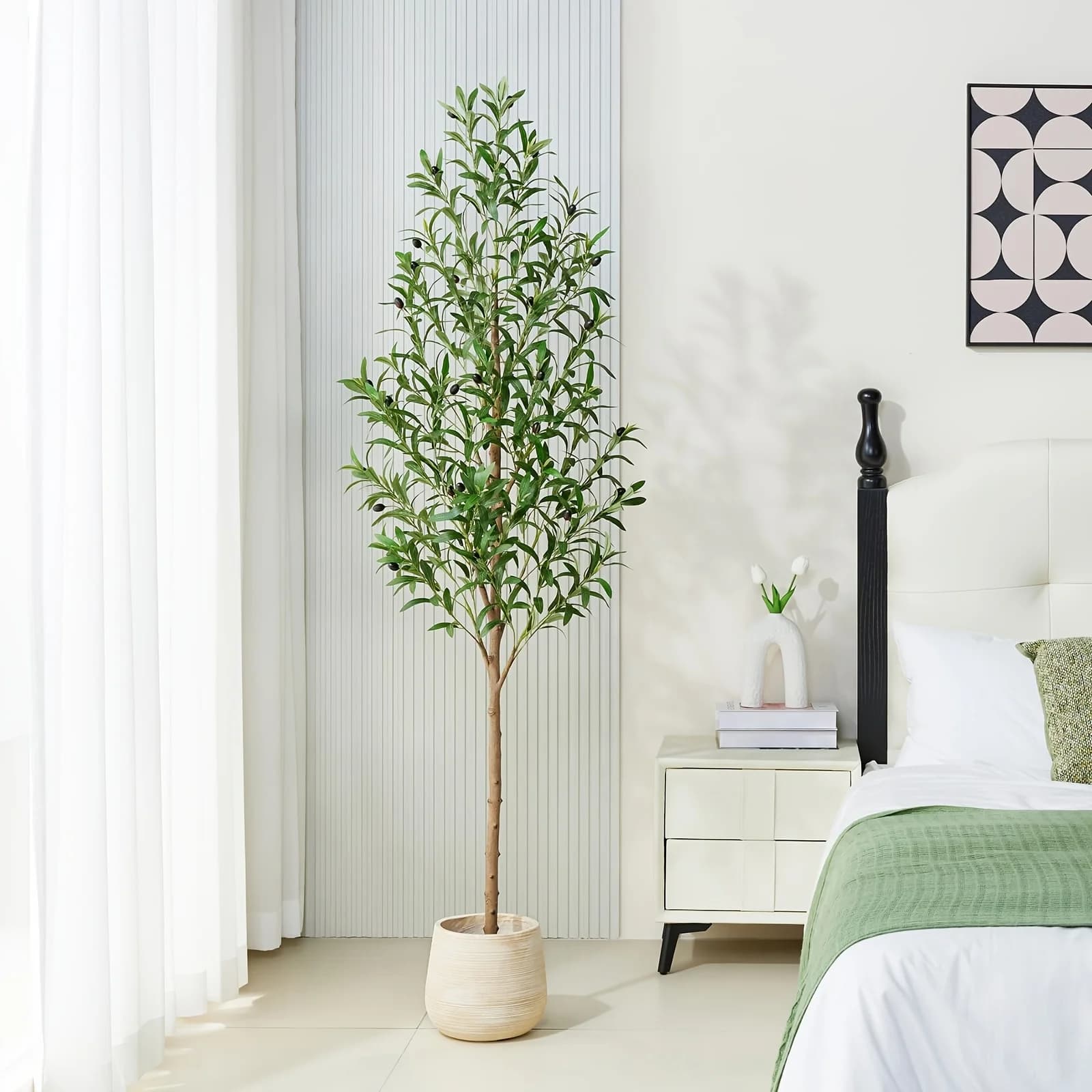 Albero di Ulivo Sintetico, Pianta in Seta Sintetica con Tronco Vivace e Frutti Realistici, Albero Artificiale in Vaso per Decorazione Contemporanea di Casa, Ufficio e Soggiorno
