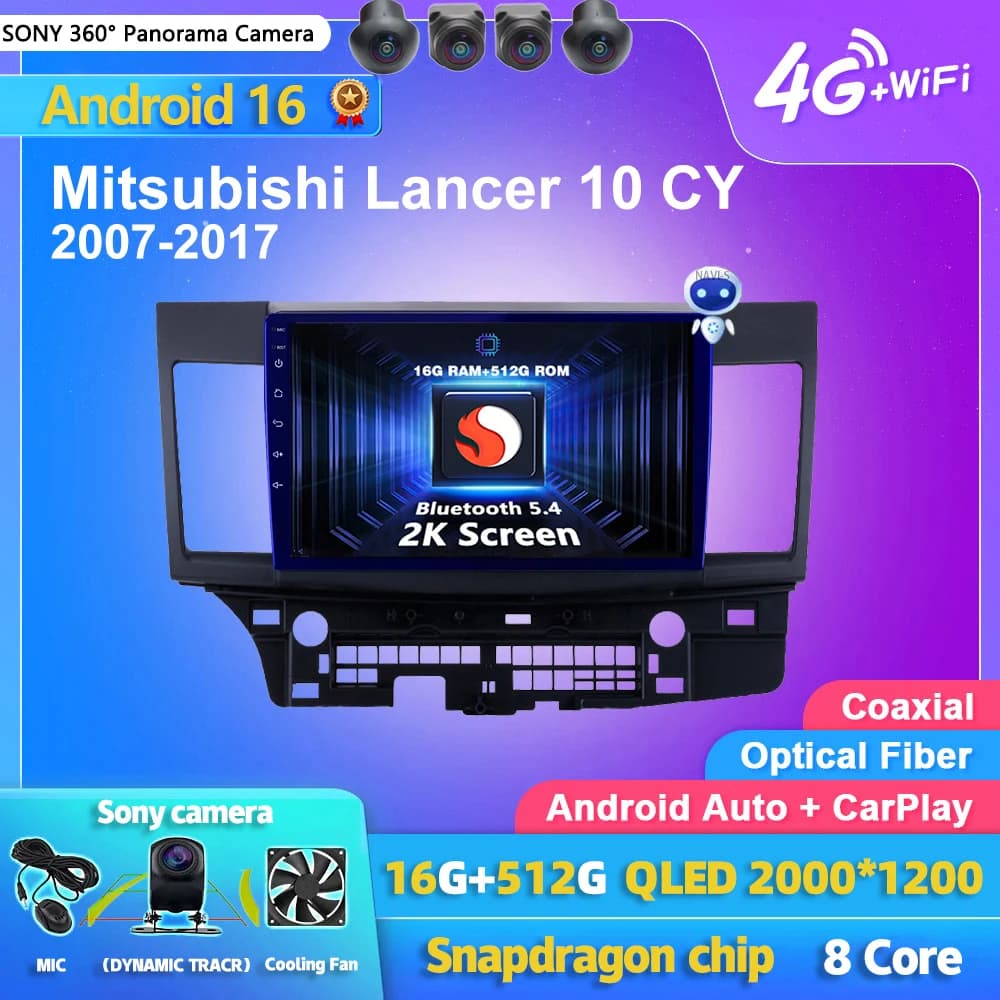 Android 16 Carplay Auto 2K Screen Car Radio Multimedia Player For Mitsubishi Lancer 10 CY 2007 -2017 DSP 2din Autoradio Stereo