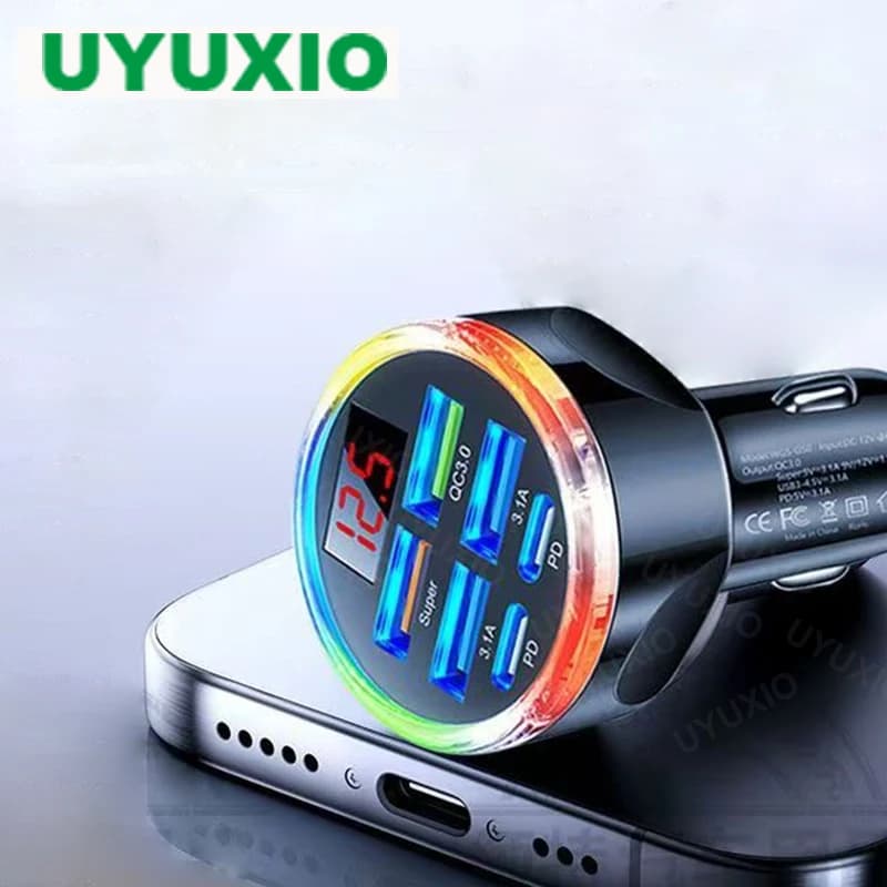 UYUXIO USB C Car Charger Adapter 6 in 1 with Volt Meter Multi Port Super Fast Charge with Voltage Display for Samsung iPhone