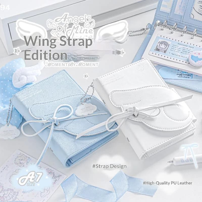 Kawaii Angel Wings Notebook Leather 3 Fold Binder Journal Elastic Closure Loose Leaf Sketchbook Multi Pocket Storage Planner