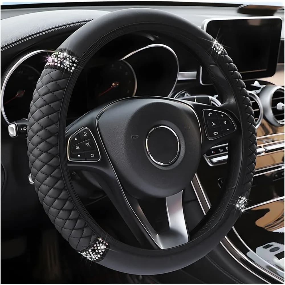 Coprivolante per auto Bling, protezione per volante elastica in morbida pelle con strass da 15 pollici