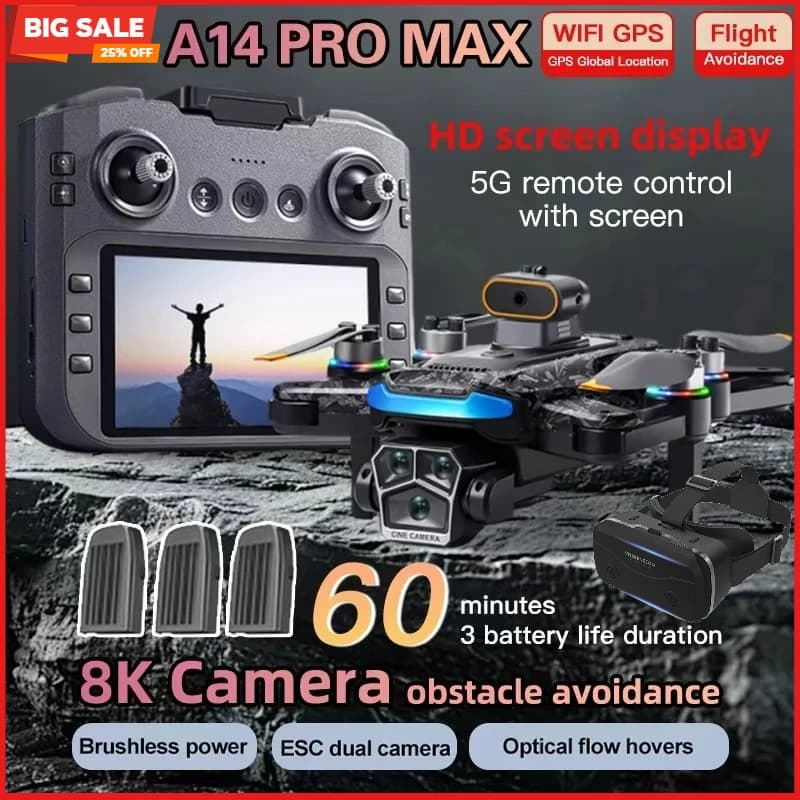 VEVLO 2026 A14 Pro Max Drone GPS 8K HD con Tre Telecamere, Flusso Ottico, Evitamento Ostacoli, Quadricottero RC Pieghevole Brushless, Giocattolo VR
