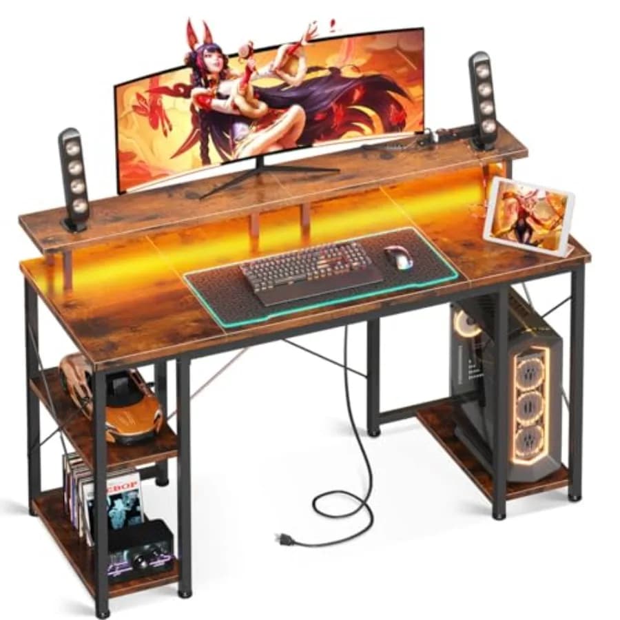Scrivania da Gaming da 48 Pollici con Luci LED e Prese di Corrente, Scrivania per Computer con Supporto Monitor e Ripiani Portaoggetti, Supporto CPU per Ufficio Domestico