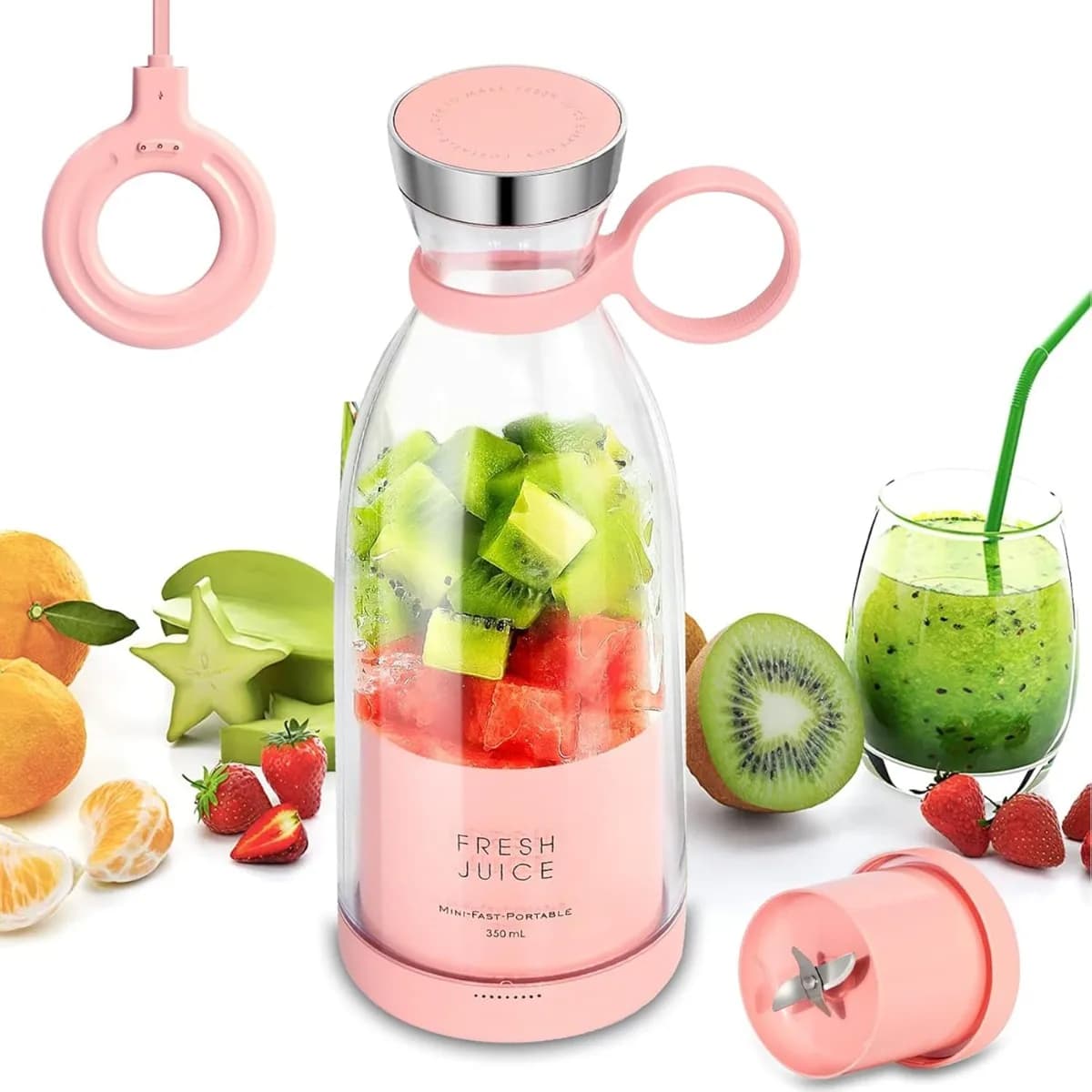 Portable Blender for Smoothies and Shakes with 4 Blades, 12 Oz Personal Size with Travel Lid and USB Rechargeable for Office,Gym