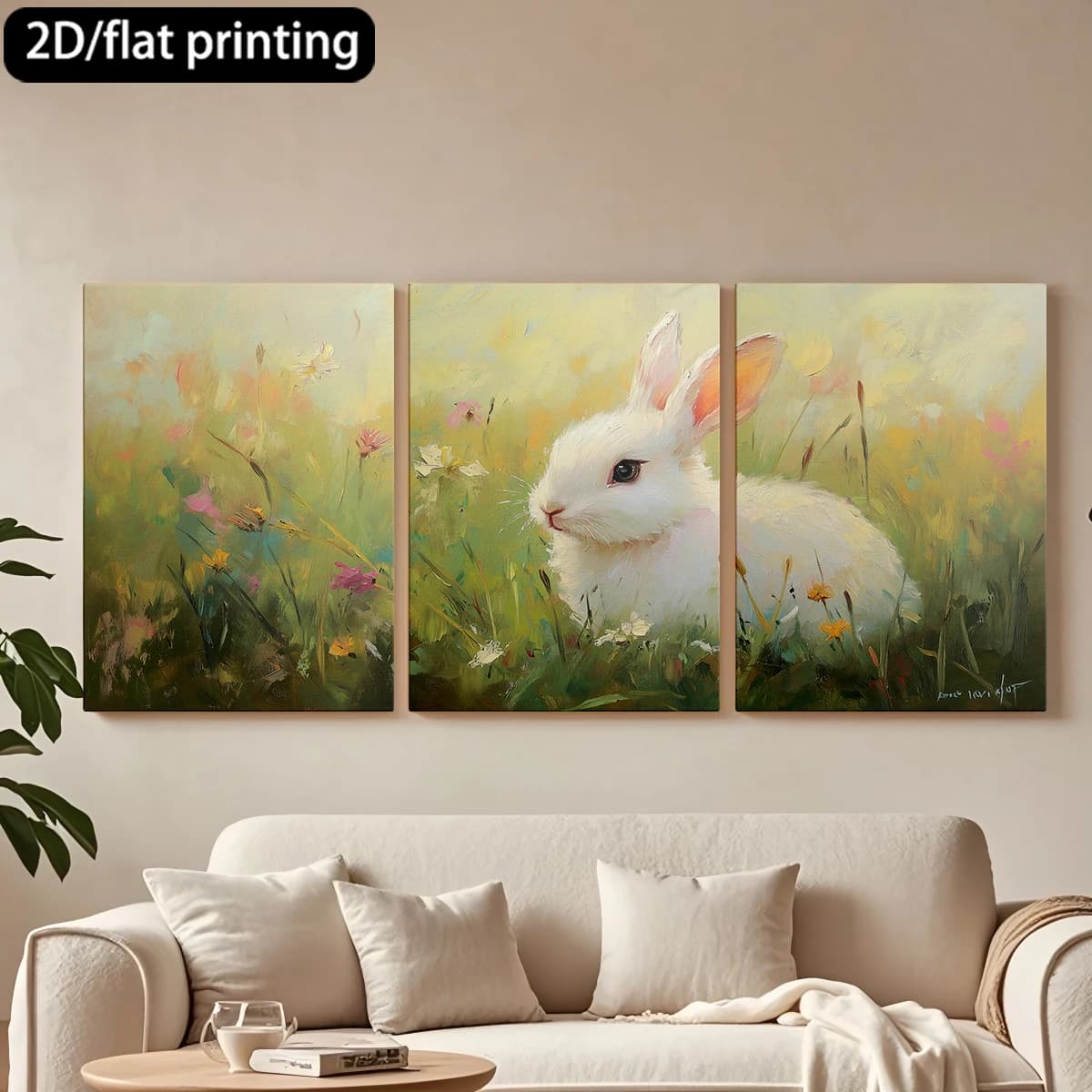 Decorative painting on canvas with wooden frame, 3 pieces. Lovely white bunny, lawn full of flowers. Tende per camera da letto ikea.