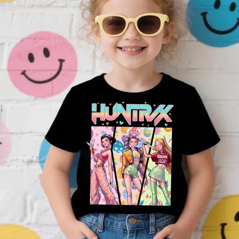 T-shirt girocollo ampia in cotone 100% per bambini e bambine, con stampa colorata a tema K-pop Demon Hunt Girls Group, ideale per l'estate