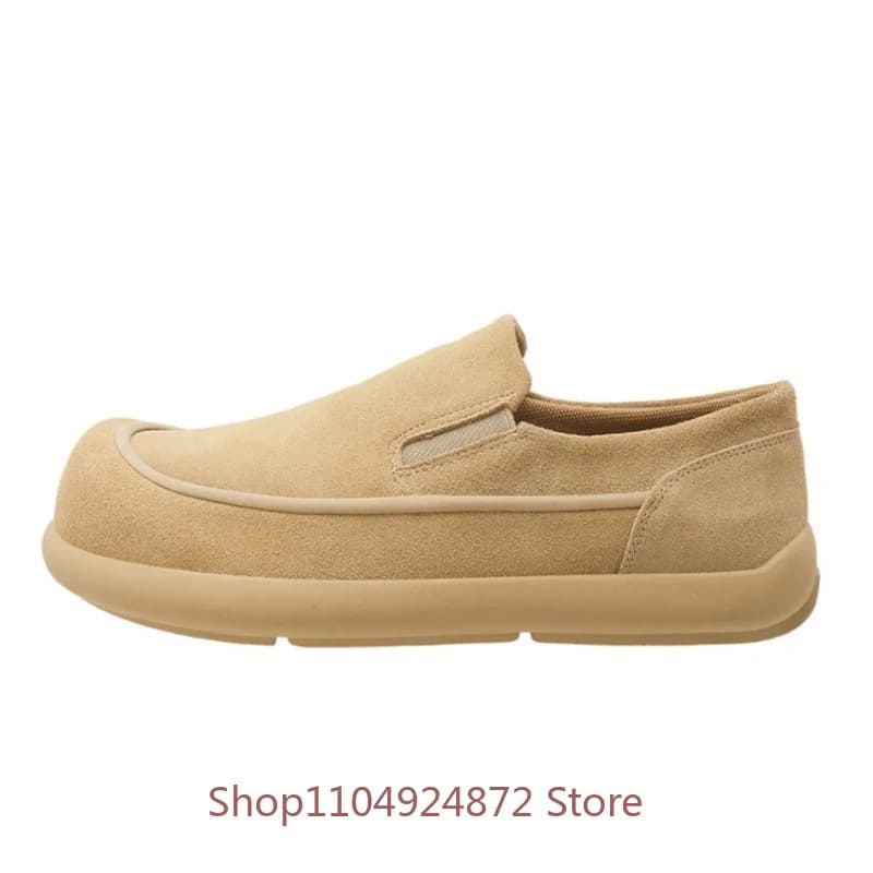 British Style Slip-on Loafers Men's Leather Shoes Casual Thick Sole Retro Fashion Suede Outdoor Work Sport Shoes Male Flats